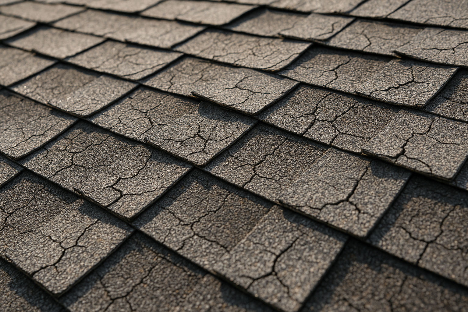 Close-up of cracked and curled asphalt shingles on a roof, showing signs of sun damage