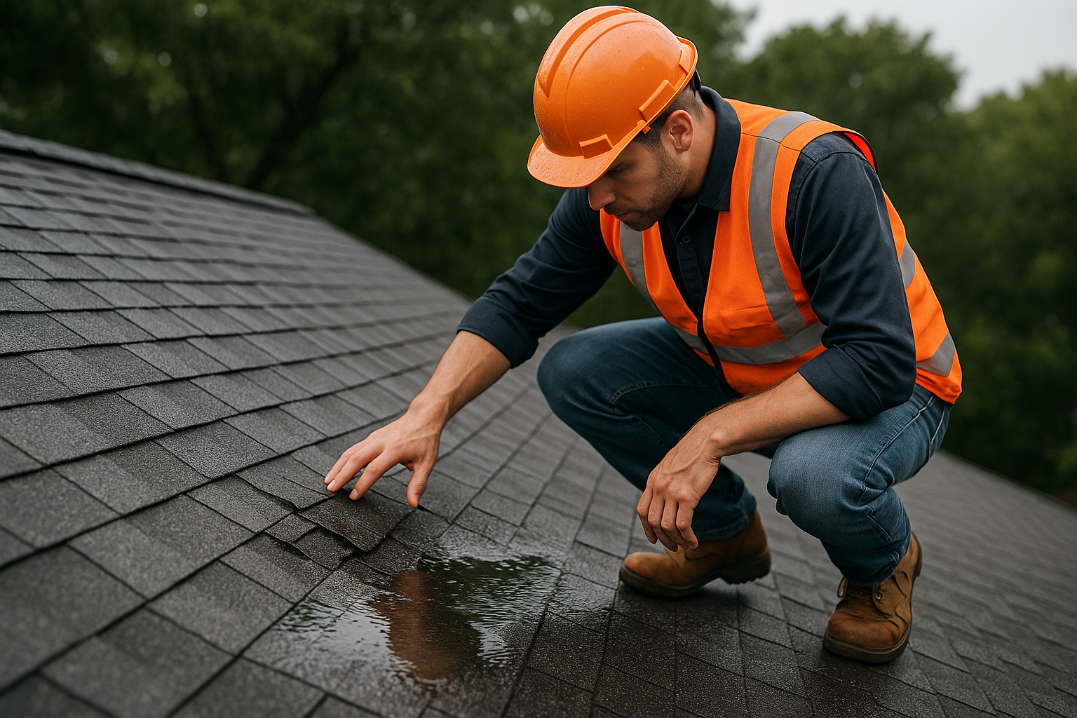 Roofer assessing roof damage after a heavy rainstorm, with wet shingles and pooling water visible