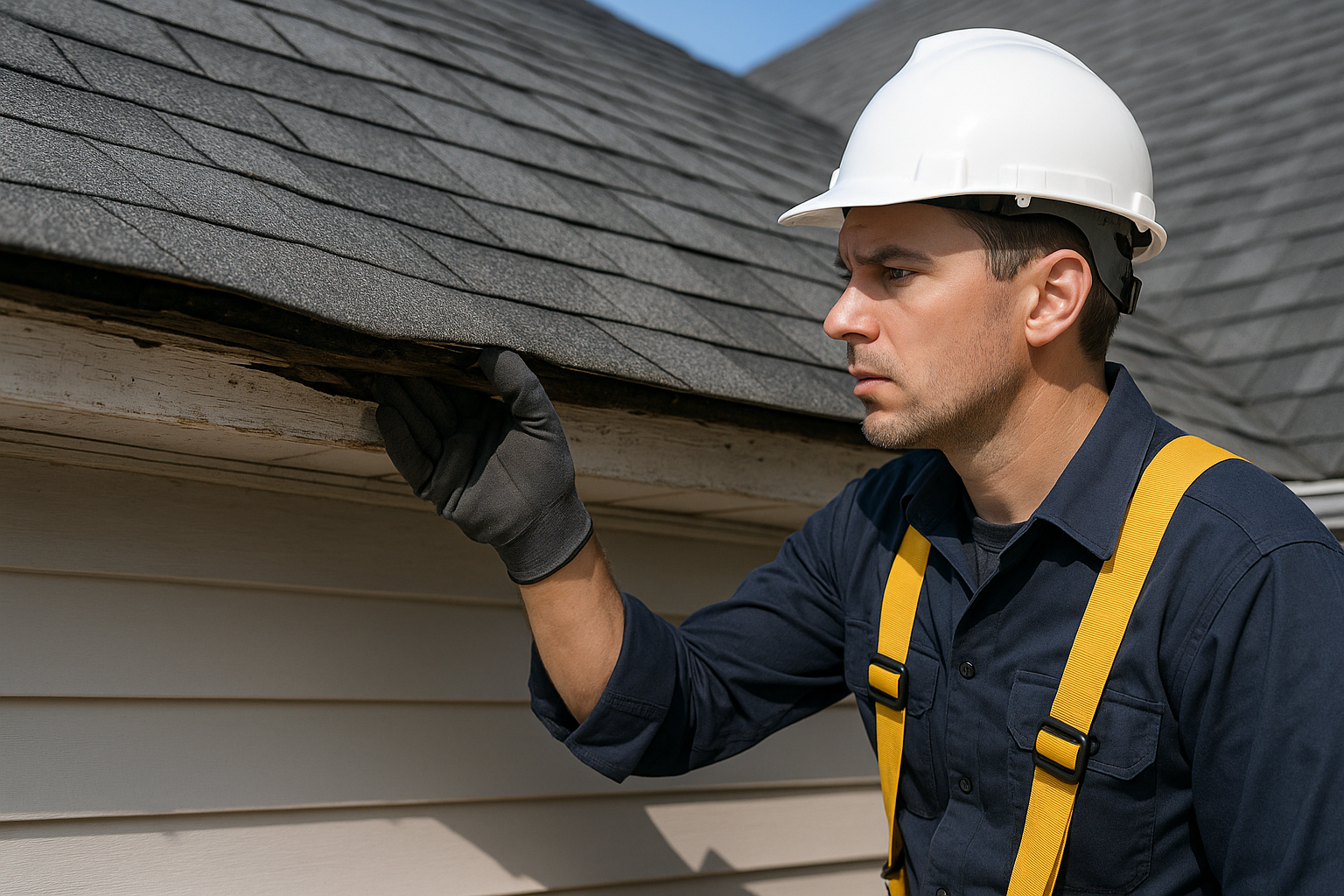A professional roofer assessing a sagging roof deck, showing signs of structural damage