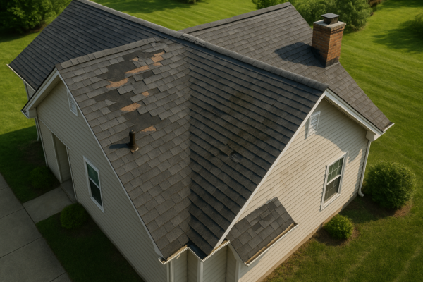 Overhead view of a suburban home showing a roof with missing shingles and visible wear