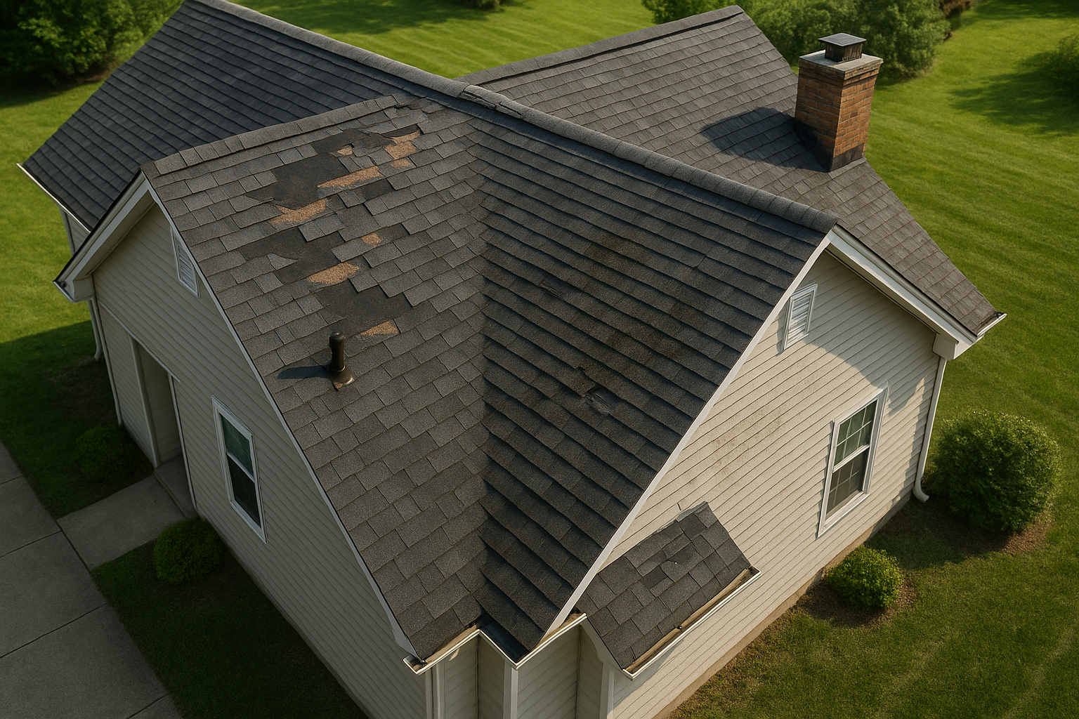 Overhead view of a suburban home showing a roof with missing shingles and visible wear