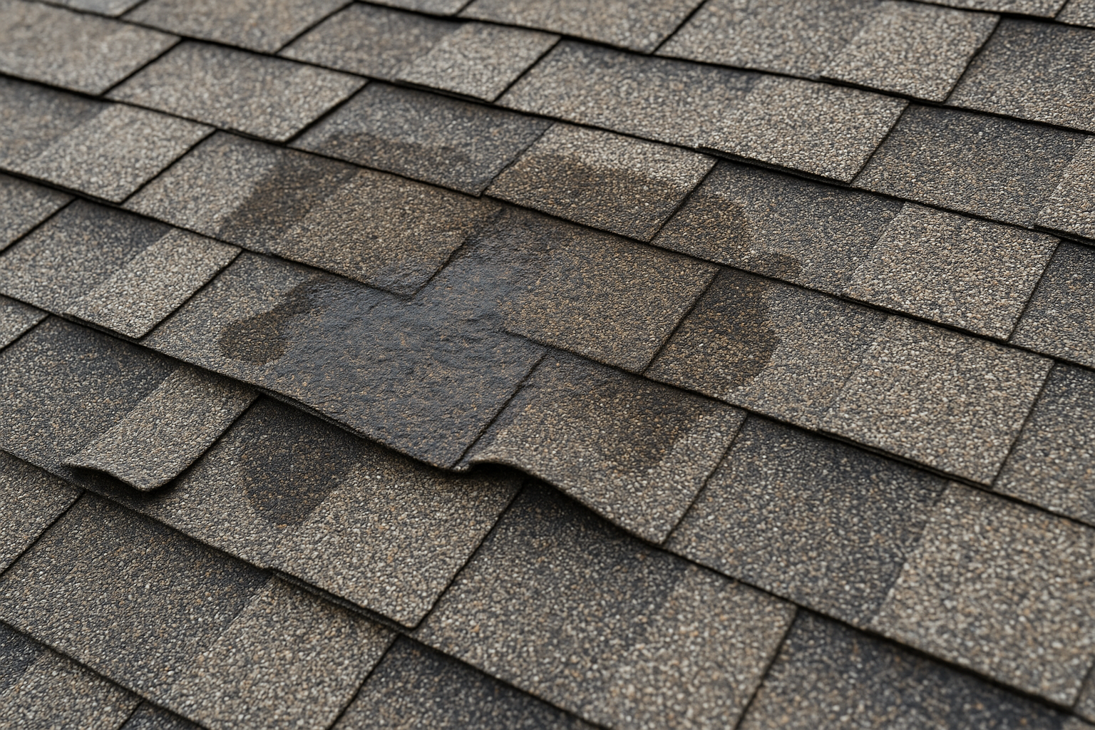 Close-up of damaged asphalt shingles with visible water staining and curling edges