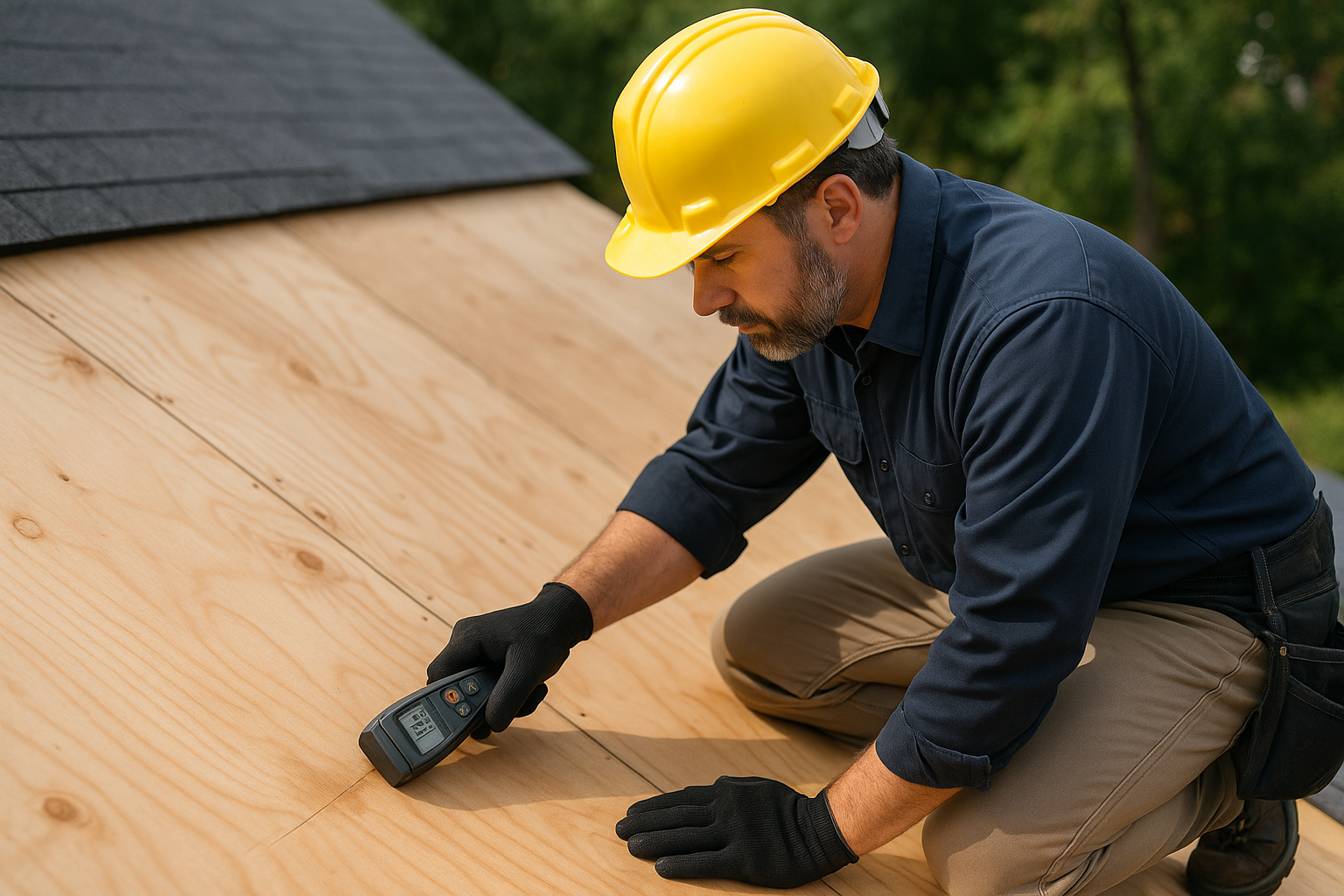 A professional roofer using a moisture meter on a roof deck, checking for water infiltration