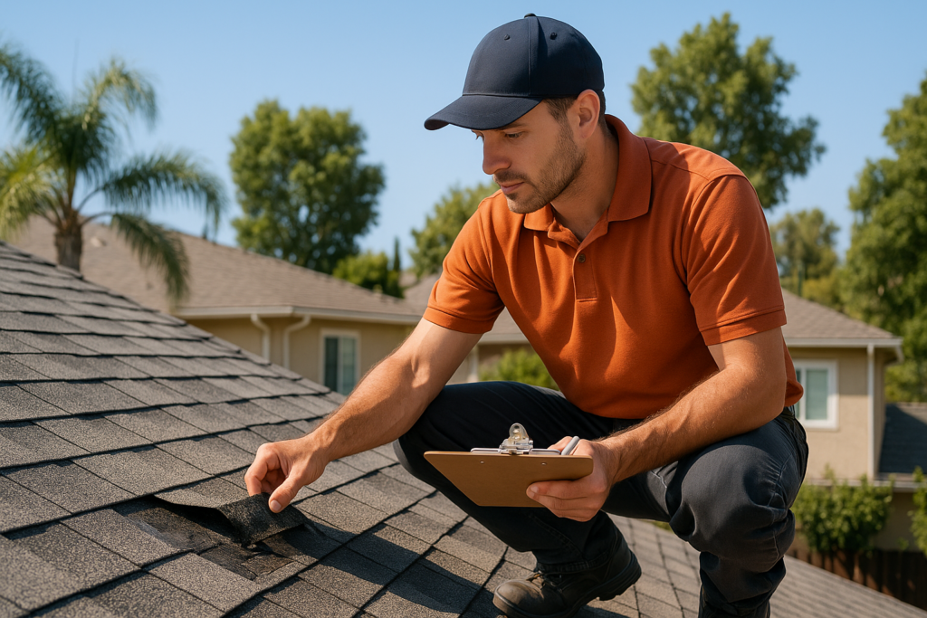 A professional roofer assessing roof damage with a clipboard on a sunny day in Southern California