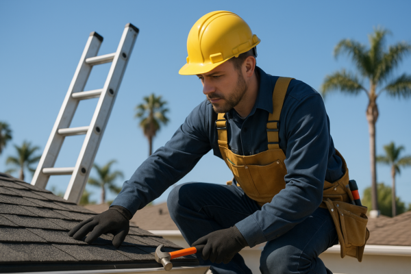 A professional roofer assessing a residential roof with tools and safety gear visible, against a sunny California sky