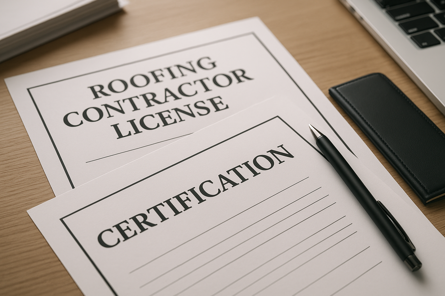 A close-up of a roofing contractor's license and certification documents on a desk