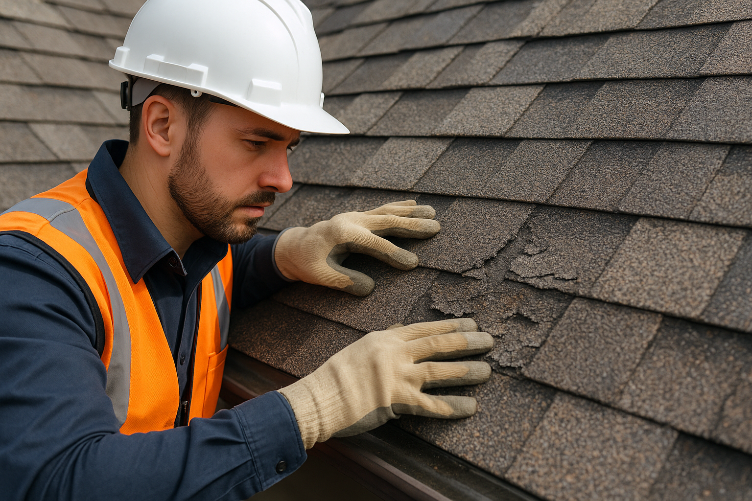 Close-up of a roofing specialist examining asphalt shingles with visible signs of wear and tear