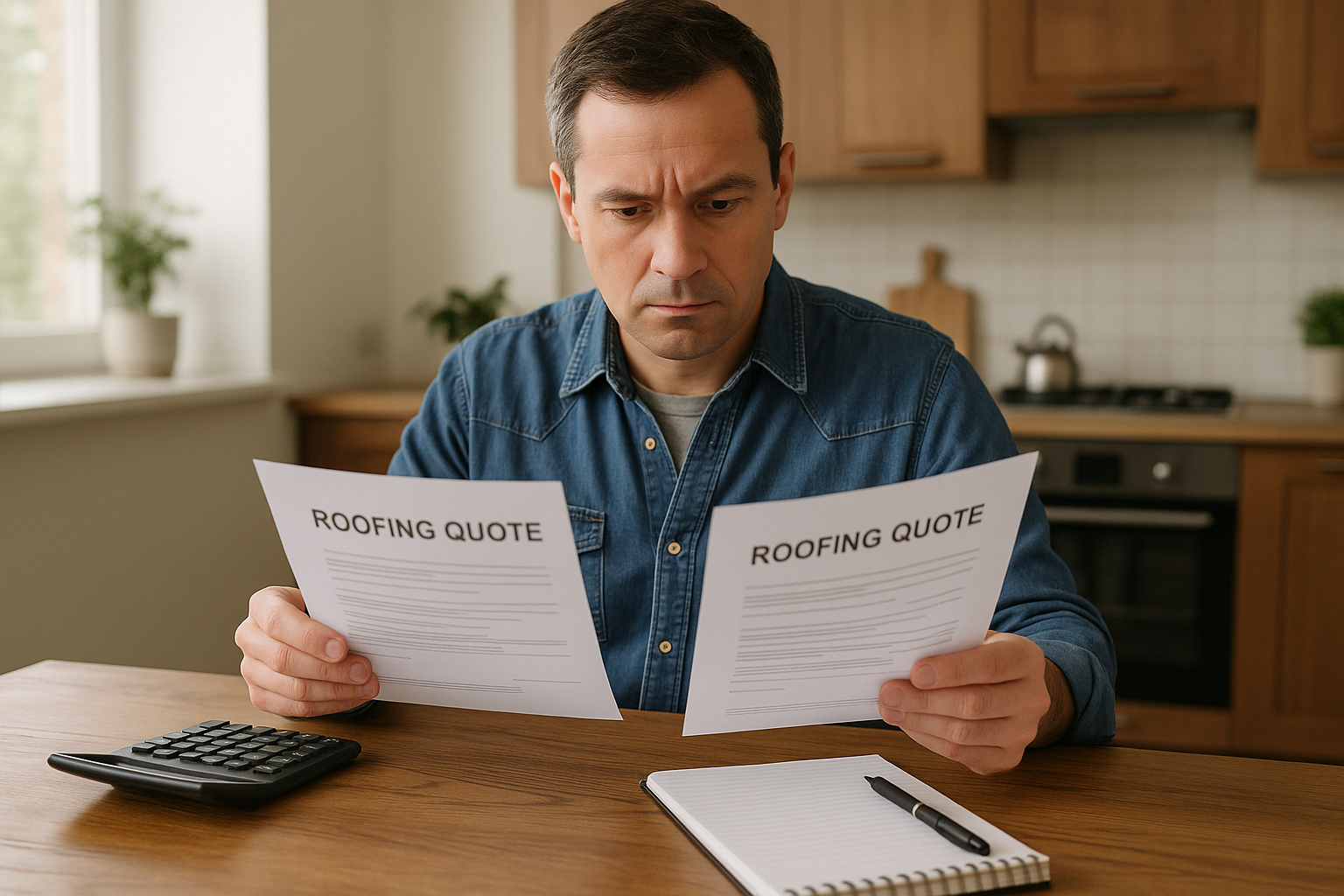 A homeowner reviewing multiple roofing quotes at a kitchen table, with a calculator and notepad