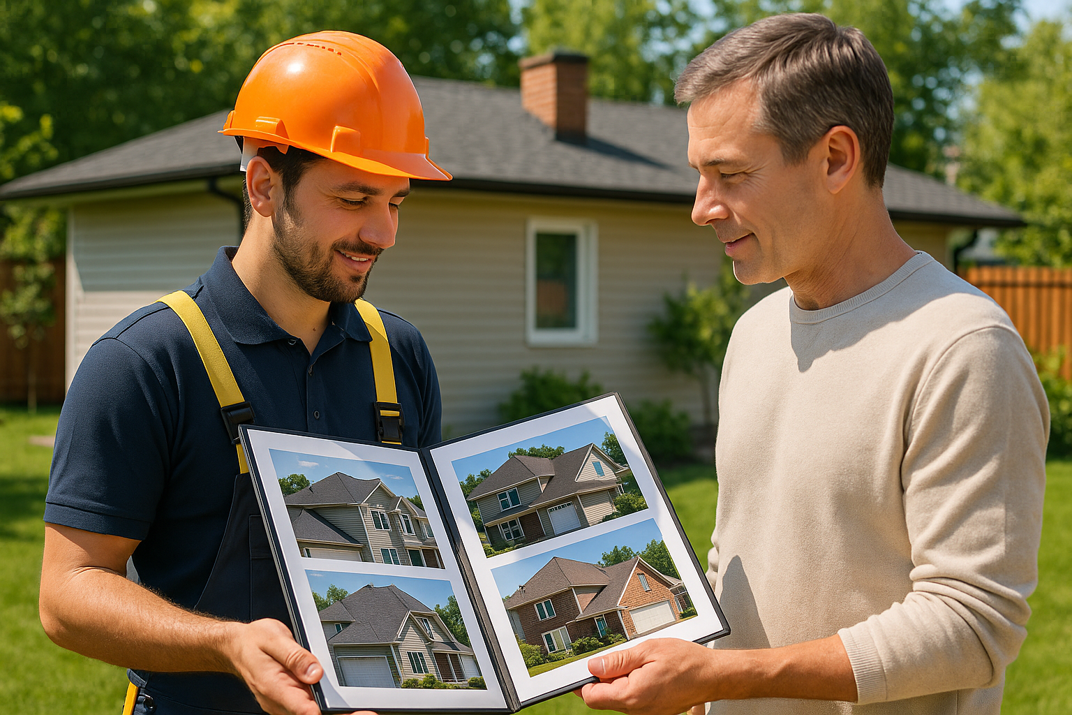 A roofing specialist showcasing a portfolio of completed residential projects to a homeowner in a sunny backyard setting
